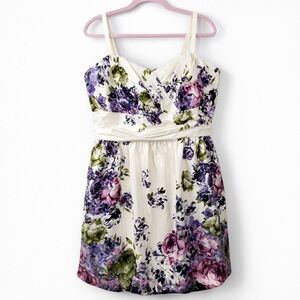 Torrid Vintage Floral Satin Fit & Flare Dress in Cream and Purple